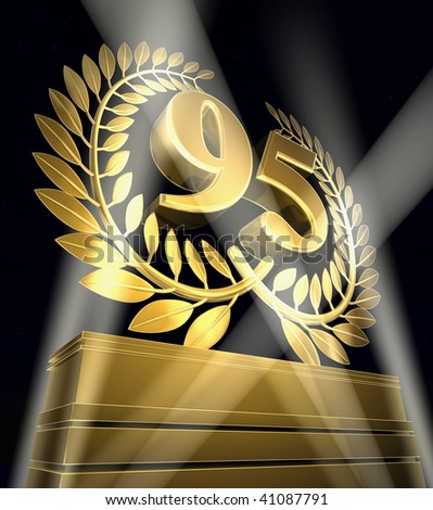 Golden laurel wreath with number ninety-five inside on a golden pedestal