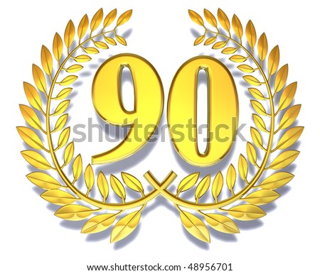 Golden laurel wreath with number ninety inside on a white background