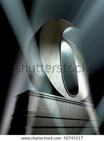 Number six in silver letters on a silver pedestal