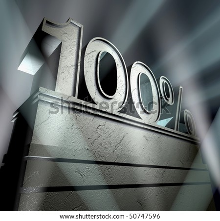 Sign 100 percent in silver letters on a silver pedestal