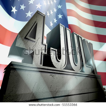 July 4 in silver letters on a silver pedestal in sunbeams in front of  the American flag
