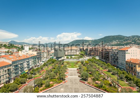 FRANCE, NICE - JULY 16, 2014: Views of the Acropolis - multimedia center and congress center in Nice. View from the roof Mamac museum