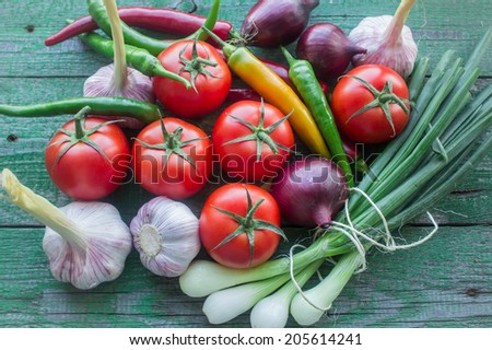 fresh vegetables from the garden -  onions,  tomatoes, garlic and peppers