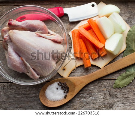 ingredients chicken broth - farm chicken, onions, carrots and spices