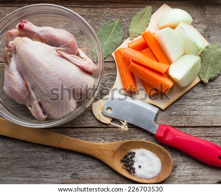 ingredients chicken broth - farm chicken, onions, carrots and spices