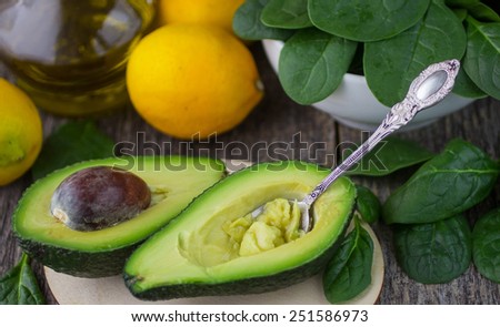 avocado, spinach and lemons. Shallow depth of field