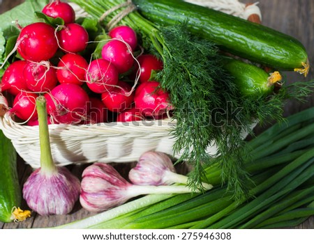 Fresh vegetables from the garden on a wooden table - radishes, cucumbers, green onions, garlic, dill