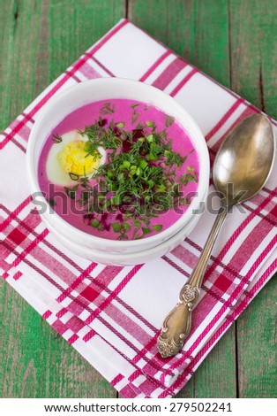 Beetroot soup. Holodnik. Cold soup made from beets, cucumbers, eggs, herbs and yoghurt. Traditional Lithuanian dish