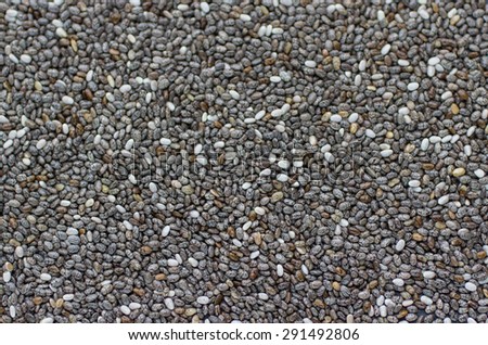 Organic Dry Chia Seeds -  a rich source of omega-3 fatty acids. Background of Chia seeds . Top view. Selective focus