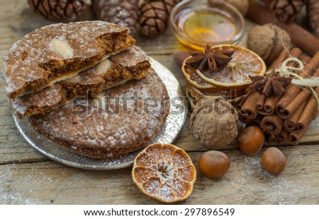 Nuremberg gingerbread is a traditional Christmas treat. Gingerbread with nuts and spices, sugar coated. Selective focus
