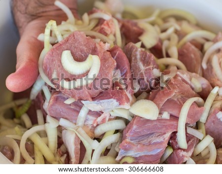 Pieces of raw meat with onions and spices for cooking on coals. Raw kebab. Shallow depth of field