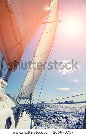 Mediterranean sea from beautiful sailboat, racing yacht in the Mediterranean sea on blue sky background