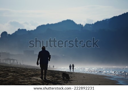 At cold evening mature man walking on the beach with his dog, silhouette of adult man walking on the sand, amazing dark silhouette of mountains around bay, wet sand and sea breeze in cold color