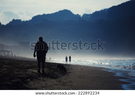 Amazing dark silhouette of mountains around bay, wet sand and sea breeze in cold color, at cold evening mature man walking on the beach with his dog, silhouette of adult man walking on the sand