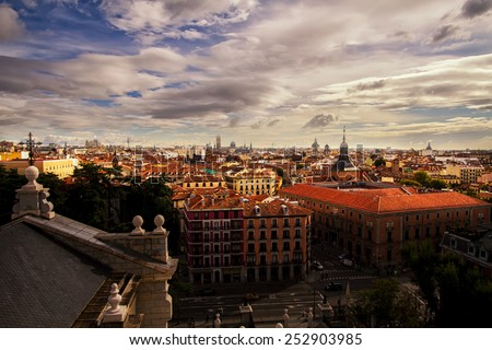 Beautiful Madrid city scene with cloudy sky, view from roof, High dynamic range