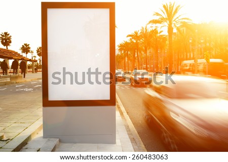 Blank billboard outdoors, outdoor advertising mock up, public information board on city road, flare sun light