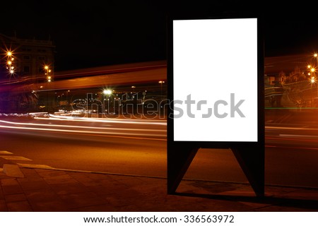 Digital billboard with clear copy space screen background for your text message or information content, electronic banner in night city, empty poster in urban setting, blank advertising mock up