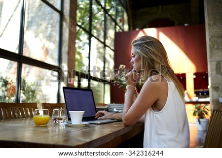 Back view of a young blonde woman keyboarding on laptop computer with blank copy space screen while sitting in cafe, intelligent female student working on net-book after her lectures in University