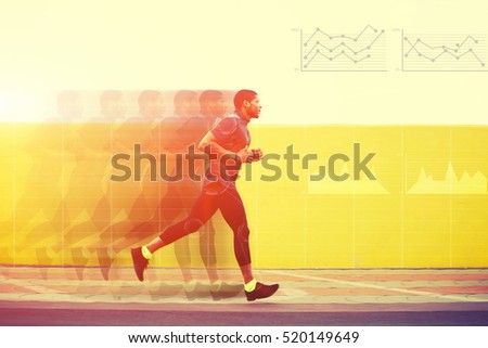 Full length portrait of male runner with muscular body in tracksuit jogging against yellow wall with copy space area for text message or content, Motion blur effect with progress infographics diagrams