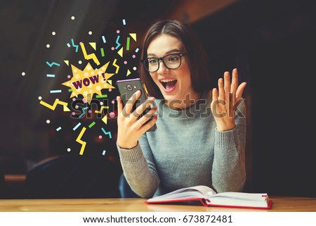 Surprised young female blogger reading shocked news in message on mobile phone. Hipster girl received good notification using network connection on smartphone. Emotional Wow word infographics elements