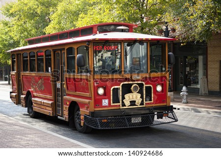 SAN ANTONIO, TEXAS - SEPTEMBER 15: Heritage street-car on Red Route, which runs along Houston, Alamo, Market st. etc. is used by tourists and locals, on September 15, 2011 in San Antonio, Texas USA.