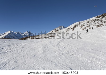 Skiing on the slopes of Schareck. Ski resorts near Heiligenblut in Austria have spectacular view on the Austrian highest peak Grossglockner.