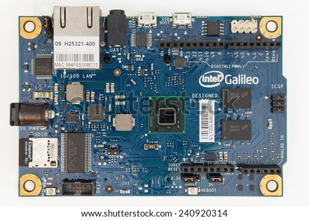 LJUBLJANA, SLOVENIA - JANUARY 1, 2015: Photo showing a development board based on Intel x86 architecture which is compatible with very popular Arduino Integrated Development Environment - IDE.
