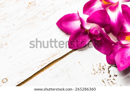 Pink color orchid flowers bouquet on a white wood background, useful as invitations and greetings card