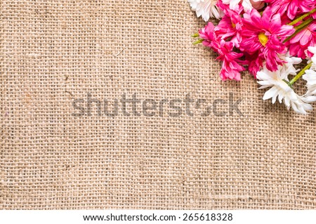 Pink and white oxeye daisy flowers bouquet on a burlap background, useful as invitation and greetings card