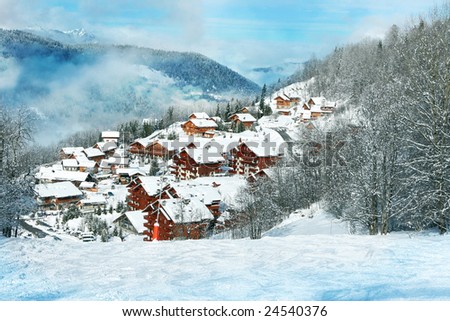 Wooden cottages in the forest covered by snow