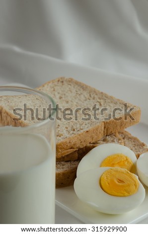 Easy Breakfast with Boiled Egg, Whole Wheat Bread and Glass of Milk.