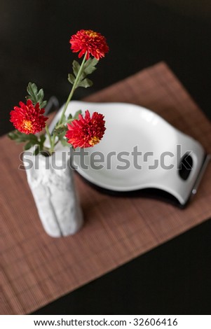 Interior detail of vase with red flowers and candy bowl