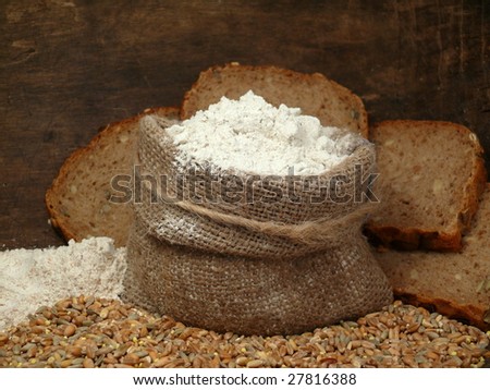 grain, flour, bread and a small bag