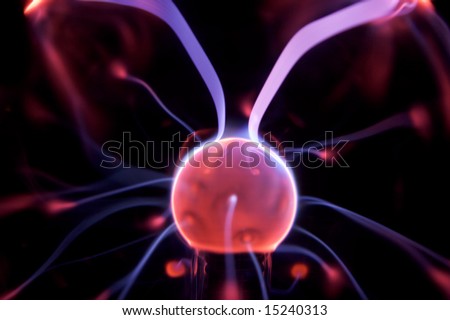 A red and purple plasma ball with blue energy streams
