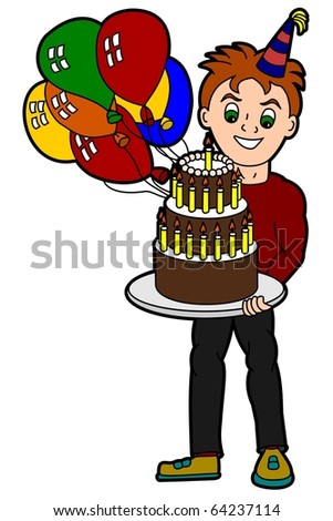stock photo : Young adult cartoon man holding birthday cake and balloons