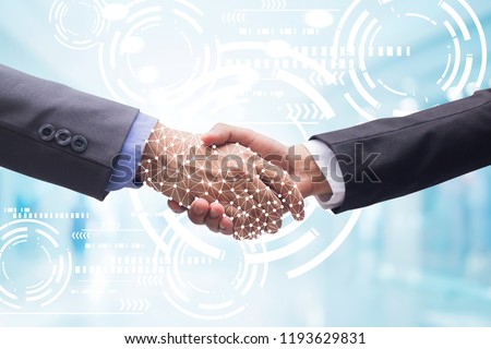 close up politeness of businessman hand shake with AI hologram business innovation on blur technology background with virtual future wheel (isolated with path)