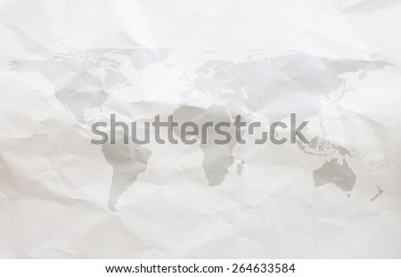 World map on white crumpled  paper backgrounds
