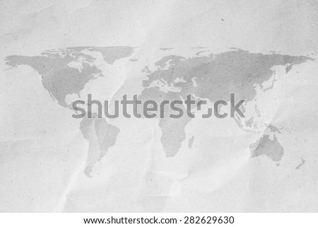 World map on white crumpled paper backgrounds.