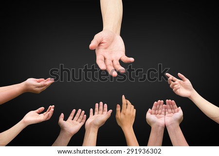 helping hand and hands praying on black background , helping hand concept.