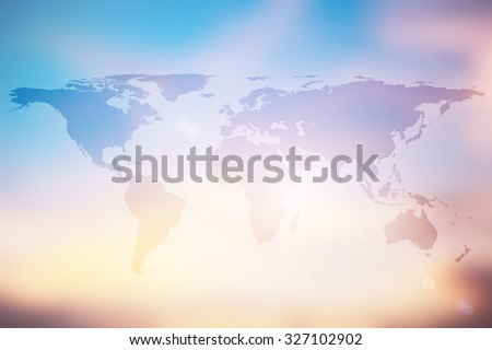 World map on colorful blurred backgrounds.blurred early morning backgrounds.blurred backgrounds concept.pastel warm colored tone.