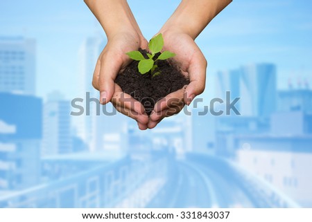 man hands holding the young little growing plant over blurred of city backgrounds:man hands gesture hold the earth and plant building wallpaper.Safe or save  the world concept,ecology system concept.