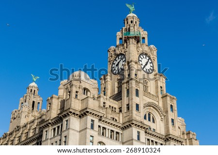 LIVERPOOL, UK - 1th APRIL 2015: The Liver building is one of the Three Graces. The  Three Graces are on the Liverpool waterfront and recognised as an Unesco World Heritage Site.