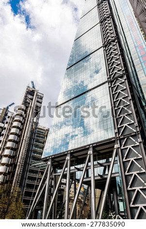 LONDON - APR 11: View of Buildings Lloyd (or Inside-Out Building) home of insurance institution Lloyd of London, on APRIL 11 2015 in London. Like Pompidou Centre in Paris was designed by Rogers (1986)