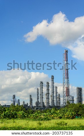 green grass field and Oil refinery factory plant or petrochamical and power