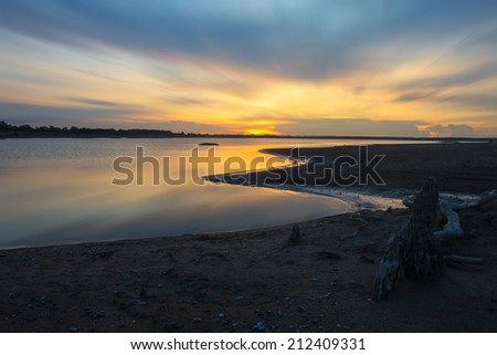 reservoir over sunset and Silhouettes landscape view sunset Water reflection and summer landscape wonderful sunset over a calm river