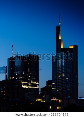 Skyscrapers at sunset in Frankfurt, Germany. Office buildings in Frankfurt, Germany, one of the most fascinating financial areas of Europe