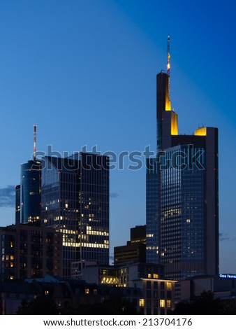 Skyscrapers at sunset in Frankfurt, Germany. Office buildings in Frankfurt, Germany, one of the most fascinating financial areas of Europe
