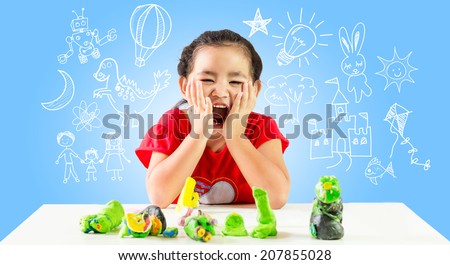 Happy little girl create idea. fun for create thinking.dream drawing on background