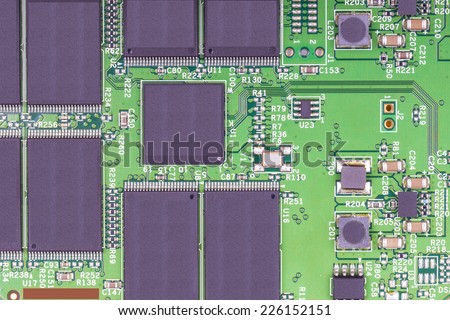 Printed electronic Circuit board with with soldered-on components.