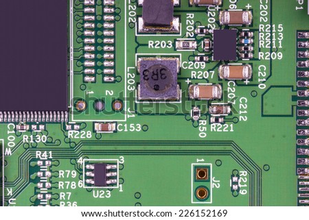 Printed electronic Circuit board with with soldered-on components.
